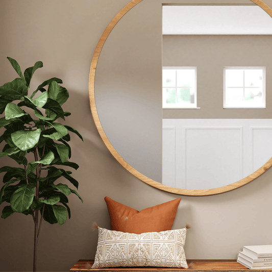 Mirror in house with plants, cushions and books
