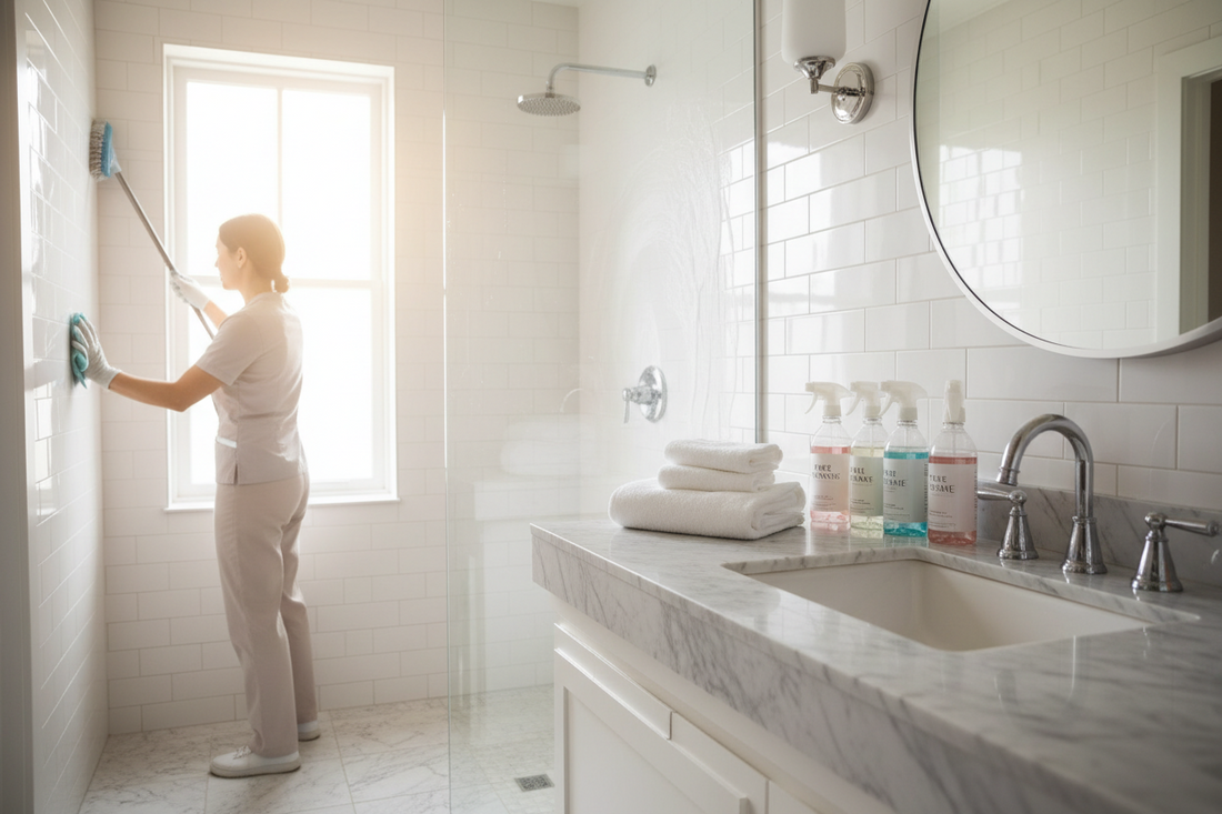 woman deep cleaning bathroom