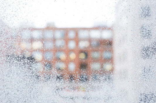 frosted window looking out to an apartment block