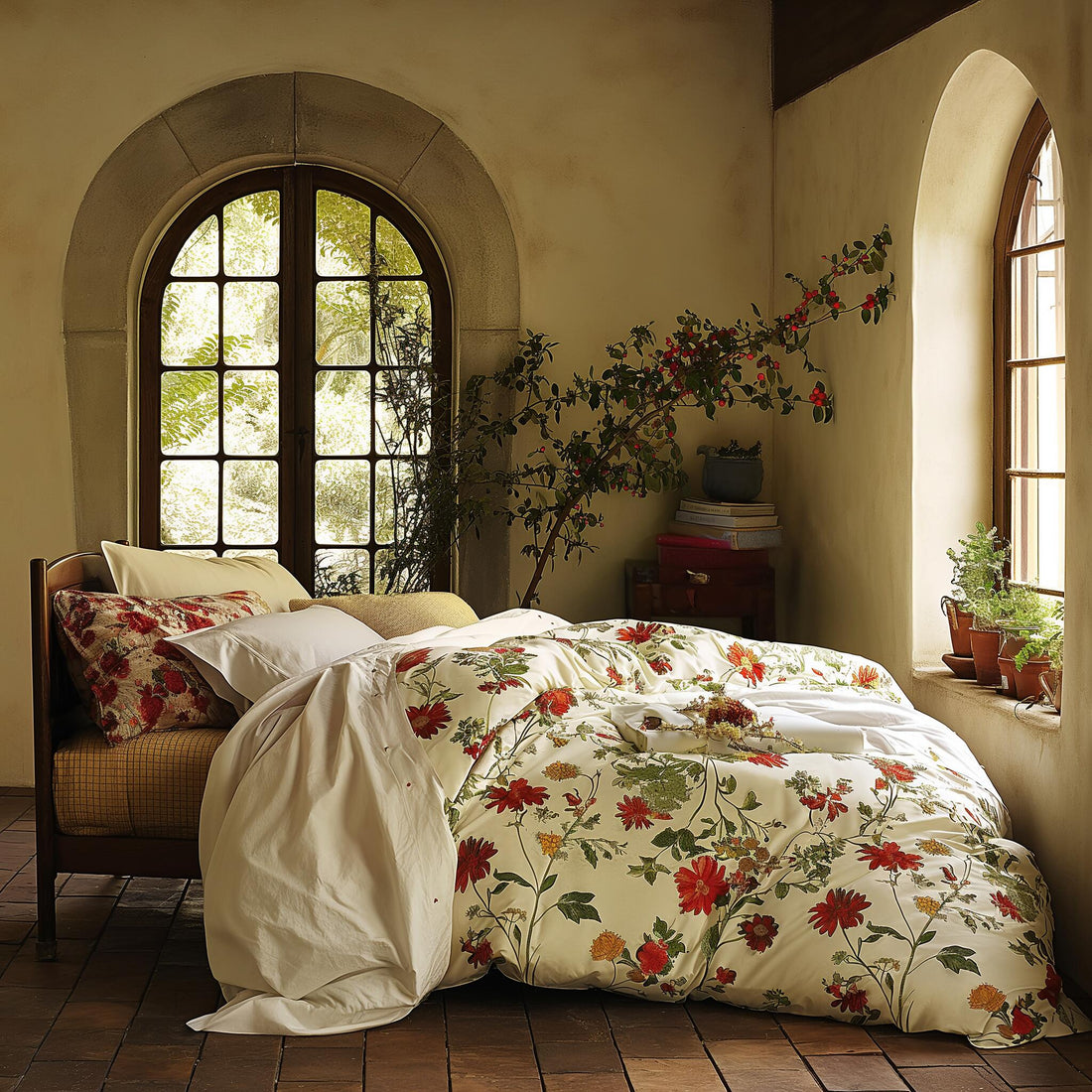 Bed with floral print bedding a cabinet decorated with plants and books