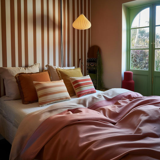 colourful bedroom with bed in the centre red and white stripped wallpaper lamp and green door