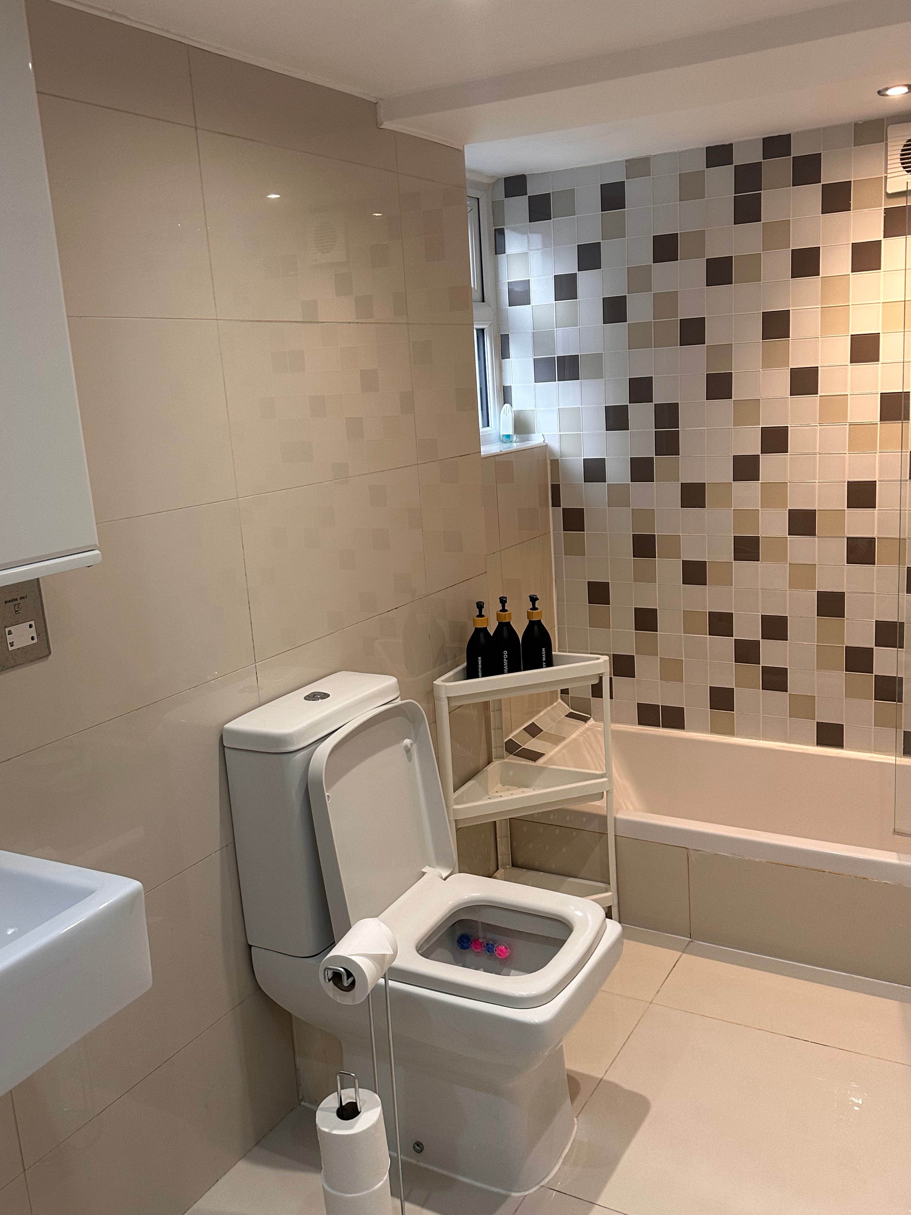 Bathroom with toilet, toilet paper, bath and toiletries 