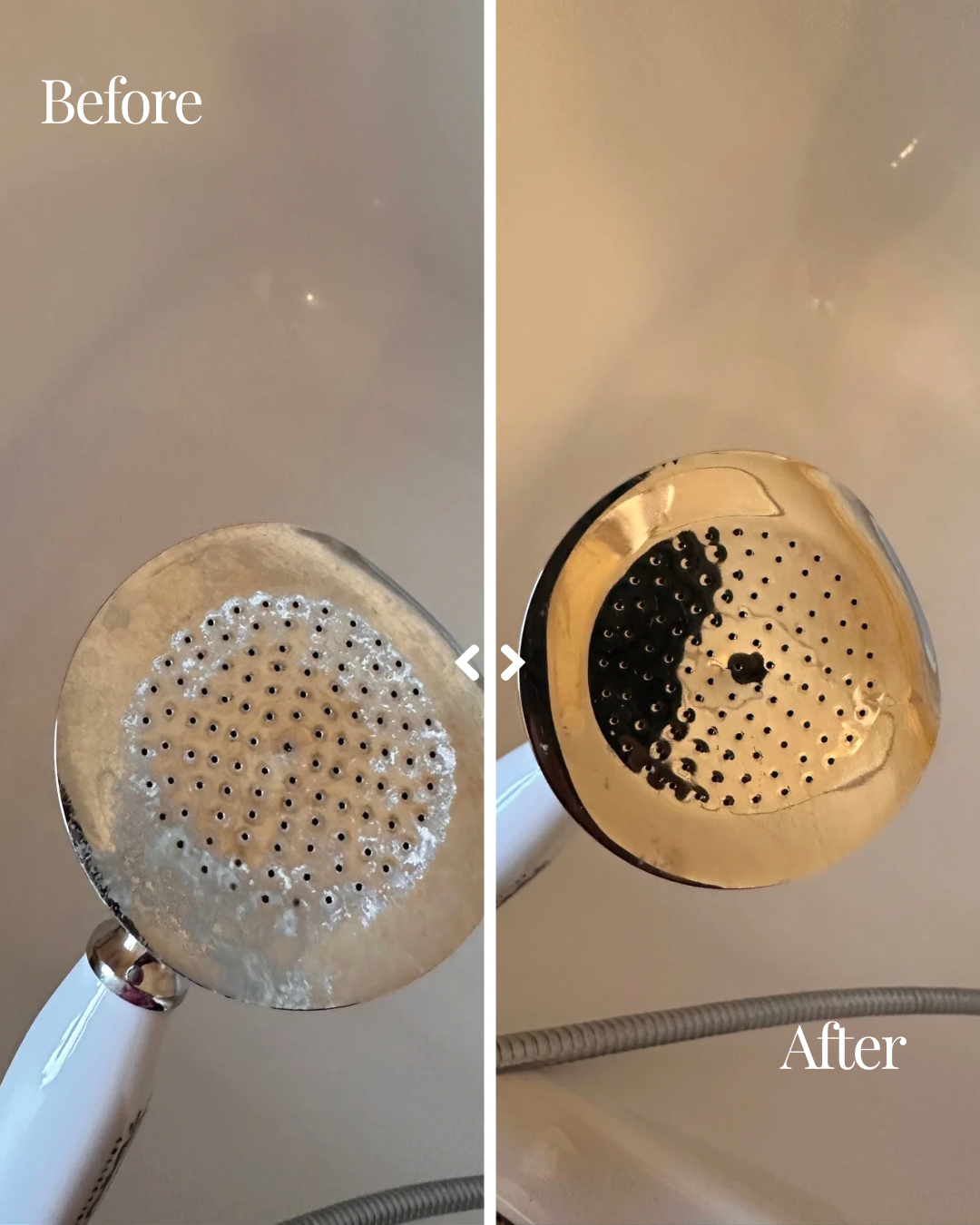 Before and after comparison of a shower head cleaning process.