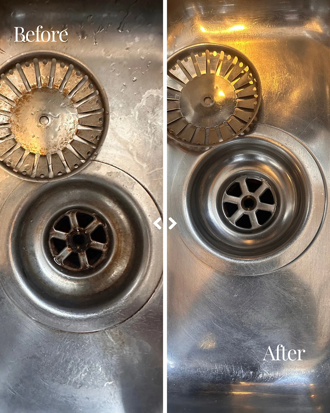 Before and after comparison of a sink drain with cleaning results.